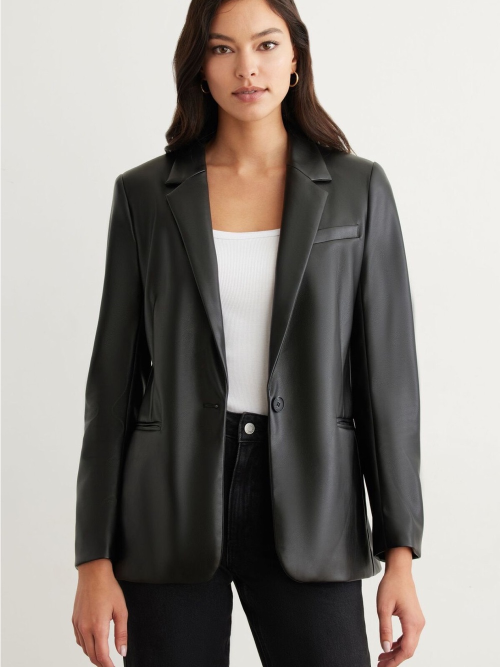 Black Faux Leather Single-Button Blazer Jacket
